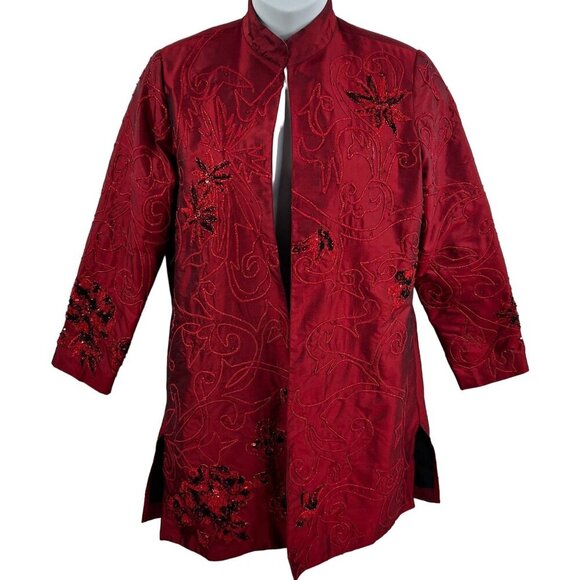 Tunique Nights Large Unisex Red Silk Blend Beaded Embroidered Lined Coat Vampire - Picture 1 of 15